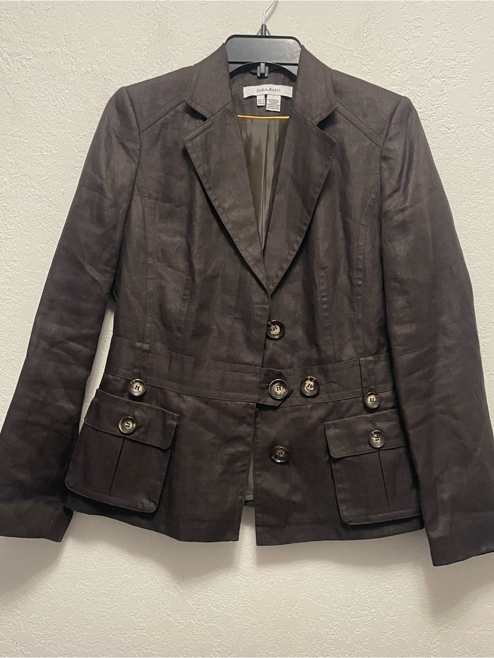Zara basic Size M brown utility blazer front flap pockets 100% Ramie